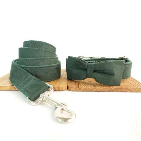 Soft & Comfortable Velvet Dog Collar adjustable pet Dark green collars with rose gold metal buckle and matching leash